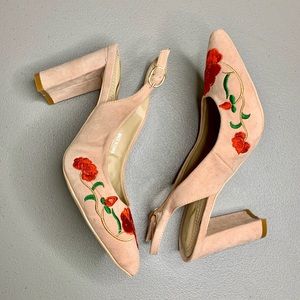 Nude Pointed Toe Heels Red Embroidery